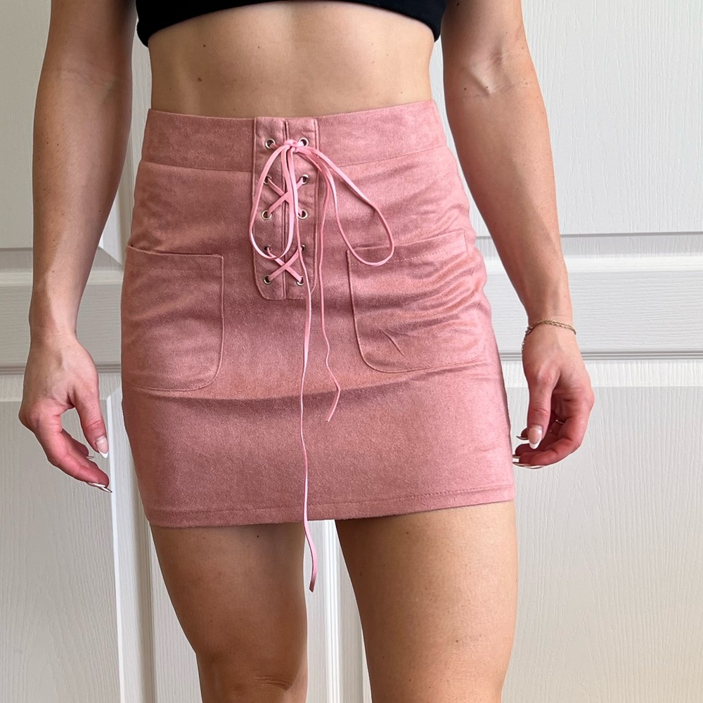 Pink faux suede mini skirt
